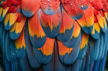 Obraz premium Close-up of colorful parrot feathers texture background, red yellow green blue macaw bird plumage pattern. Beautiful exotic tropical wildlife concept.
