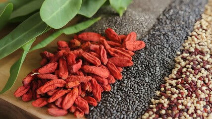 superfood ingredients, goji berries, chia seeds, and quinoa