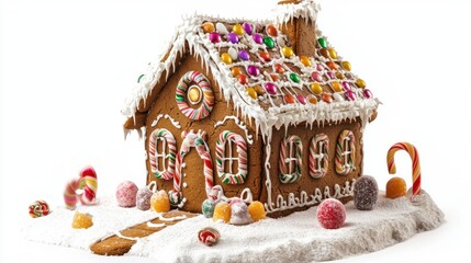 Festive gingerbread house adorned with colorful candies