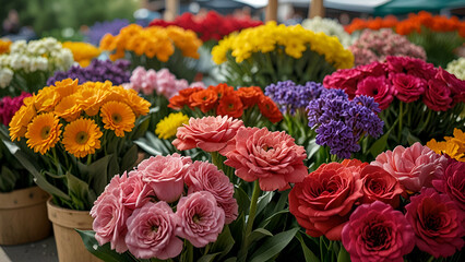 Obraz premium Fresh cut flowers displayed at a farmers market in Boulder, CO.
