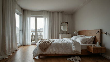 Bedroom with large window, white double bed, lamp, and wooden floor.