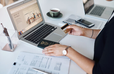 Business woman, hands or credit card with passport for travel, purchase or booking flight at office desk. Closeup, female person or employee with ID or laptop for online payment or international trip