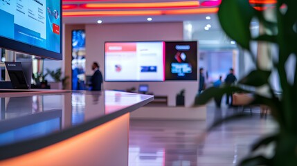 Obraz premium A modern reception area featuring digital displays, sleek furniture, and vibrant lighting, creating an inviting atmosphere for visitors.