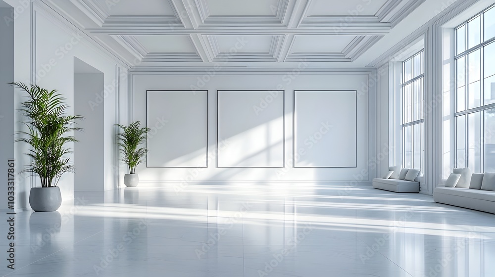 Poster modern gallery interior with blank frames for artwork display 3d rendering