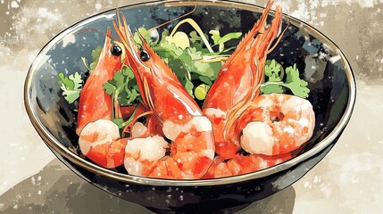 Delicious Shrimp Bowl with Cilantro and Lime Watercolor Illustration