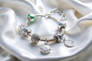 bracelet with charms on white satin cloth