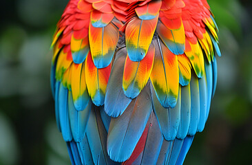 Obraz premium Close-up of colorful parrot feathers, red yellow green blue