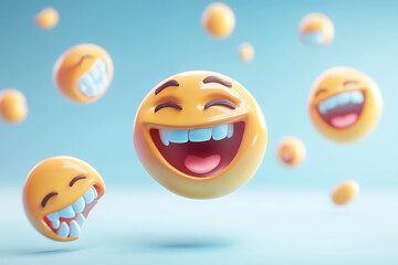 Fototapeta premium A playful arrangement of smiling emoji faces in a light blue background.