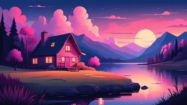Pink blue twilight above solitary cottage lakeside mountains 2D cartoon illustration. Countryside retreat lofi wallpaper background lo-fi art. Rural solitude flat image cozy chill vibe