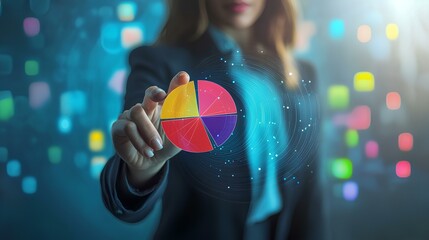 An abstract representation of a business environment, showcasing a woman interacting with colorful data charts in a futuristic setting.