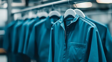 A row of neatly hung blue work shirts on hangers, showcasing a uniform style in a modern, organized setting.
