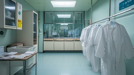 Obraz premium A clean, sterile room featuring lab coats hanging on a rack, conveying a professional medical or laboratory environment.