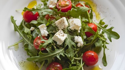  a fresh salad with arugula, cherry tomatoes, and feta cheese