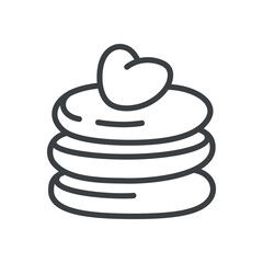 Cute pancakes icon. Hand drawn monochrome illustration of a stack of pancakes with decorated with a little heart isolated on a white background. Kawaii St. Valentine day concept. Vector 10 EPS.