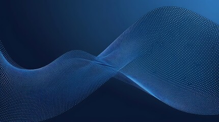 Abstract digital artwork illustration featuring a flowing wave like pattern against a dark blue background consists of a series of fine, interconnected lines forming a mesh texture