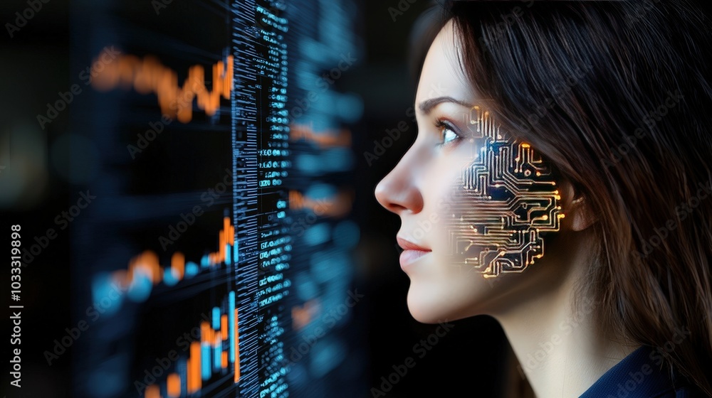 Aufkleber futuristic digital human with circuit pattern on face and data screen