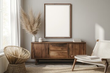 Stylish composition of artist workspace room with design retro teak commode, mock up poster frame, book, decoration and elegant accessories. Template, Generative AI