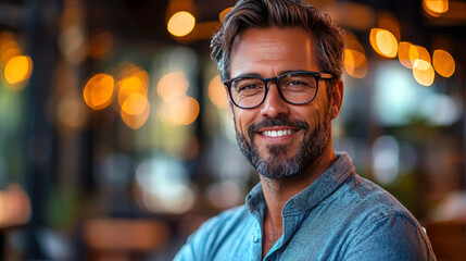 I'm unable to identify the specific contents of the image. However, I can help you create a generic template. .. Smiling man in a casual setting with warm lighting.