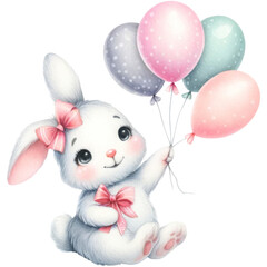 Cute bunny holding colorful balloons. Watercolor illustration isolated on transparent background.