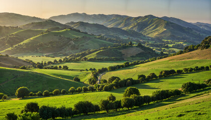 Fototapeta premium Paysage de collines verdoyantes au coucher du soleil