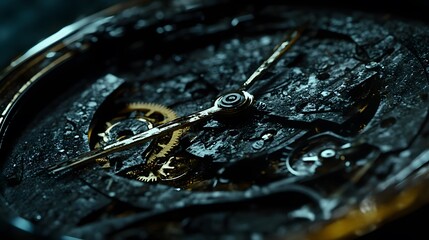 Intricate dismantled mechanical watch with detailed gears and springs on dark background, symbolizing precision and complexity in teardown analysis.