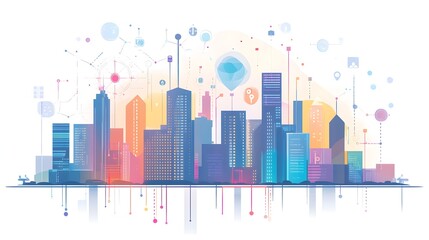 Fototapeta premium Futuristic Cityscape with Connected Technology and Digital Icons