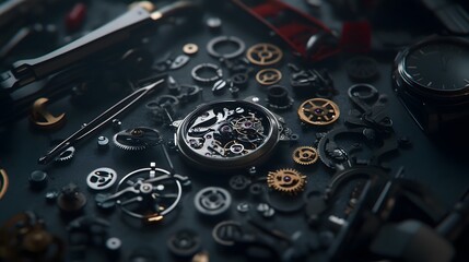 Intricate dismantled mechanical watch with detailed gears and springs on dark background, symbolizing precision and complexity in teardown analysis.