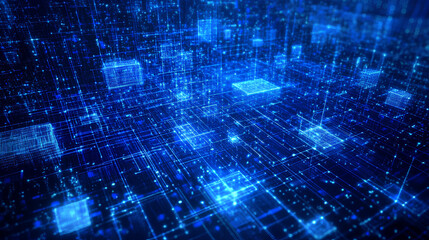 Obraz premium An abstract digital landscape with glowing blue squares and particles, evoking a sense of high-tech and interconnected data networks.