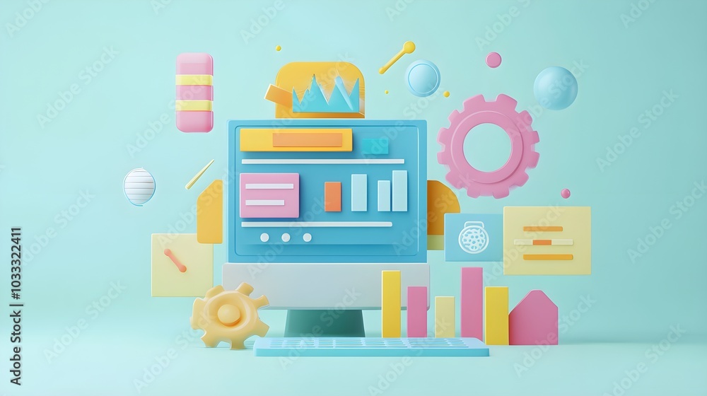 Poster 3d colorful business growth chart with computer monitor and gears