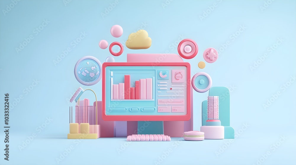 Poster 3d rendered computer with colorful geometric shapes and data analytics