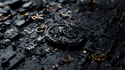 Intricate dismantled mechanical watch with detailed gears and springs on dark background, symbolizing precision and complexity in teardown analysis.