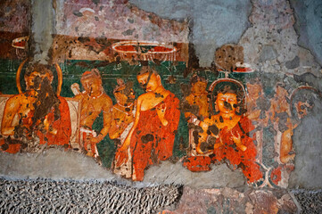 Ajanta Cave 9 : Painting of six Buddhas, 5th Century A.D. Aurangabad, Maharashtra, India