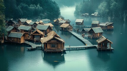 Fototapeta premium A serene lakeside village with wooden houses and paths, surrounded by lush greenery, reflecting off the calm water.