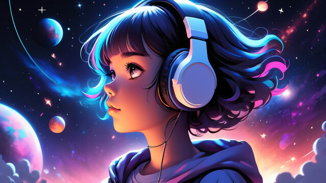 Cool lofi anime young girl listening hip hop jazz music with headphones. 3d digital art modern manga style cartoon illustration. Abstract astronomy space, stars cosmic galaxy supernova background.