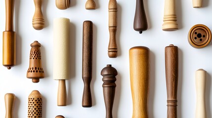 Collage of rolling pin on white background. 