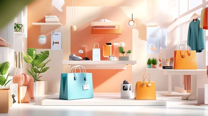 Shopping Bags and Accessories on White Shelf in Minimalist Room.