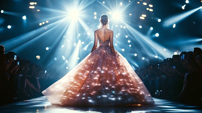 A model walks the runway in a dazzling gown, illuminated by bright lights, capturing the attention of an enthusiastic audience.