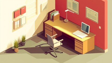 Modern Office Interior Design: Desk, Computer, and Chair in Isometric View