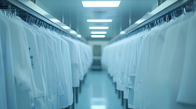 A hallway lined with white lab coats hanging on hangers, illuminated by bright overhead lights, creating a clean and clinical atmosphere.