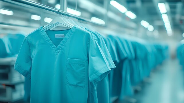 A row of turquoise scrubs hangs neatly in a well-lit space, showcasing a clean and organized environment, typical of medical facilities.