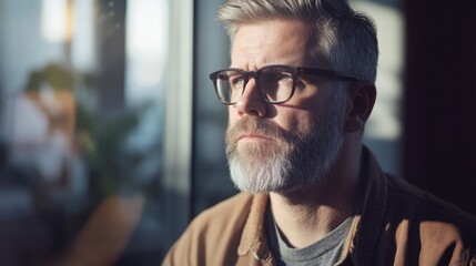 Fototapeta premium middle-aged man with a beard and glasses standing by the window, looking into the distance with a thoughtful expression, morning sunlight illuminating his face, blurred office chairs in the background