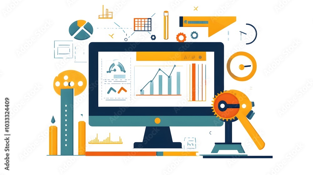 Poster data analysis and business growth with computer charts and graphs