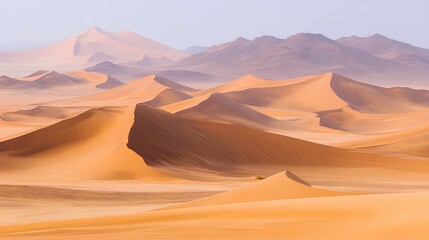 Fototapeta premium A vast desert landscape featuring rolling sand dunes, soft warm tones, and distant mountains creating a serene and expansive environment.