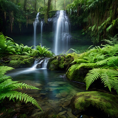 Fototapeta premium Misty Waterfall in a Lush Rainforest
