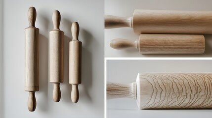 Collage of rolling pin on white background. 