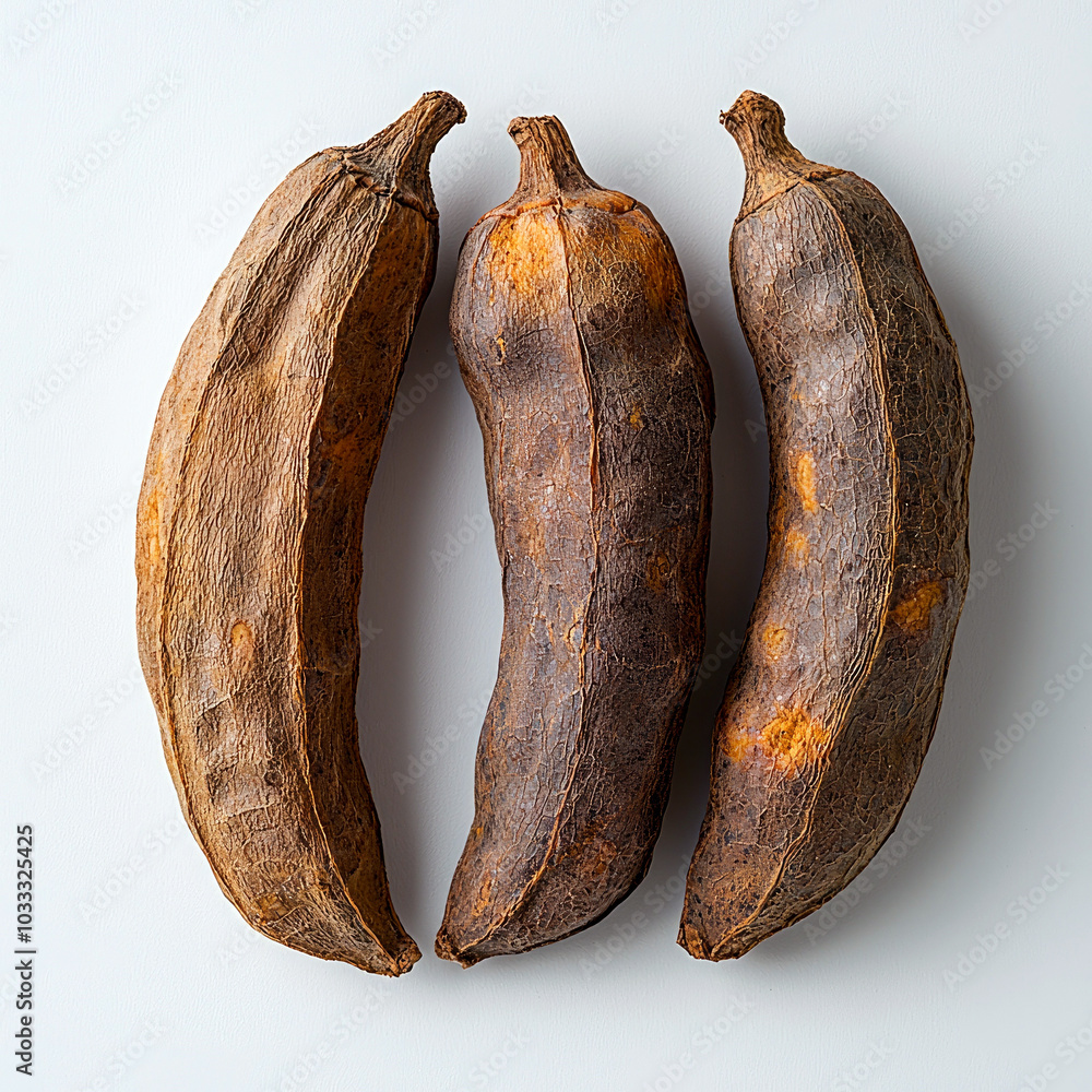 Poster three dried pods with a textured surface, showcasing natural variations in color and shape.