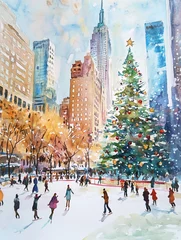 Winter, snowy city street. Christmas or New Year's Eve. People skate on an ice rink. Big Christmas tree, city. Winter. Evening, lights are shining. Modern city, skyscrapers.