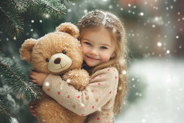 Little cute girl hugging teddy bear near Christmas tree.
