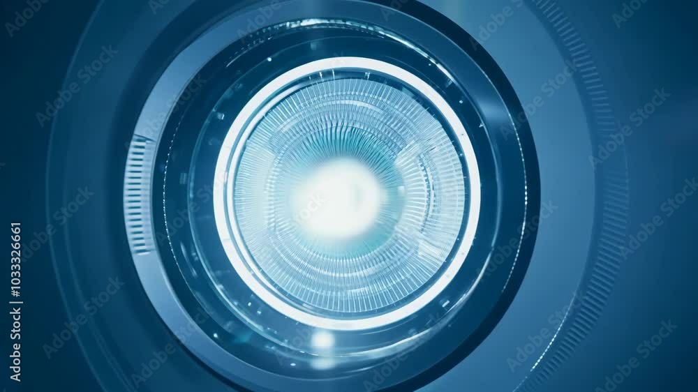 Poster exploring the intricate design of a futuristic optical lens in a high-tech laboratory environment