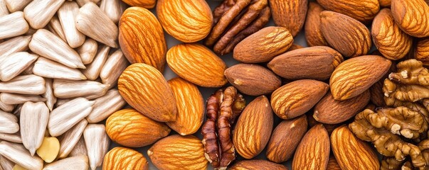Fototapeta premium A vibrant assortment of various nuts including almonds, walnuts, and sunflower seeds on a textured surface, perfect for healthy snacking.